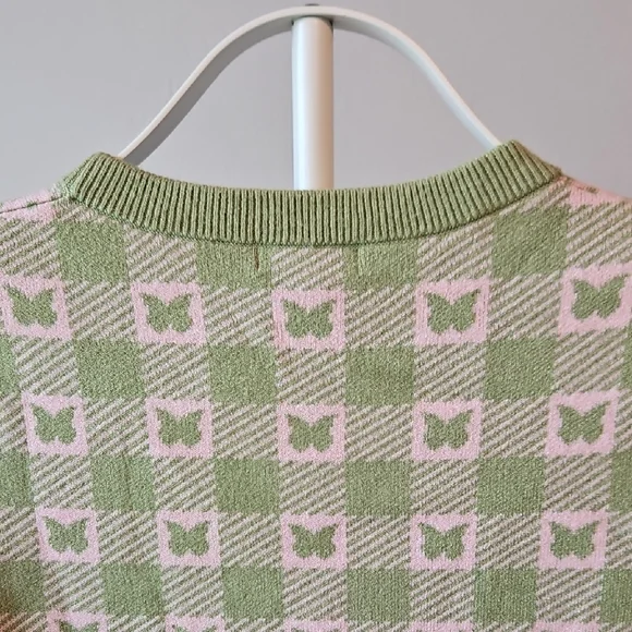 Nordstrom Green and Cream Checker Butterfly Knit Sweater - Picture 6 of 8